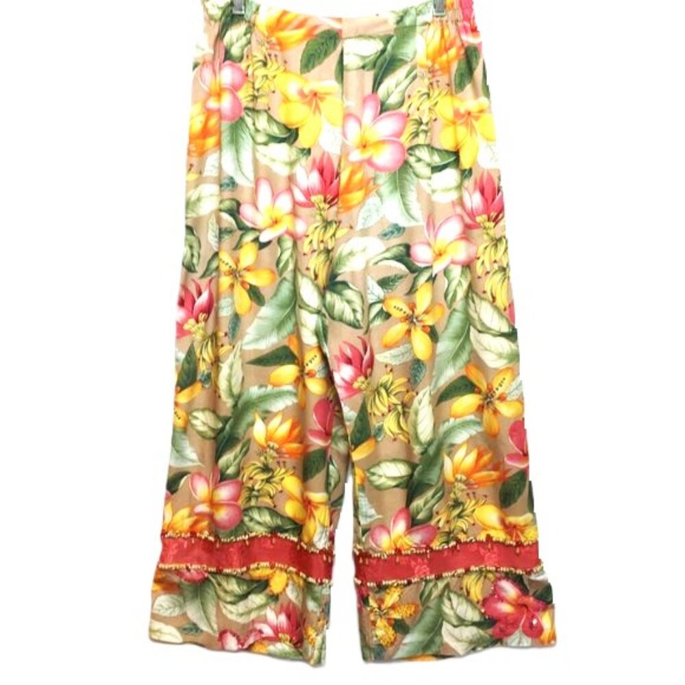 Hawaiian  Floral Sequin Beads Faith Wearable Art Crop Capri Pants Sz L Vtg